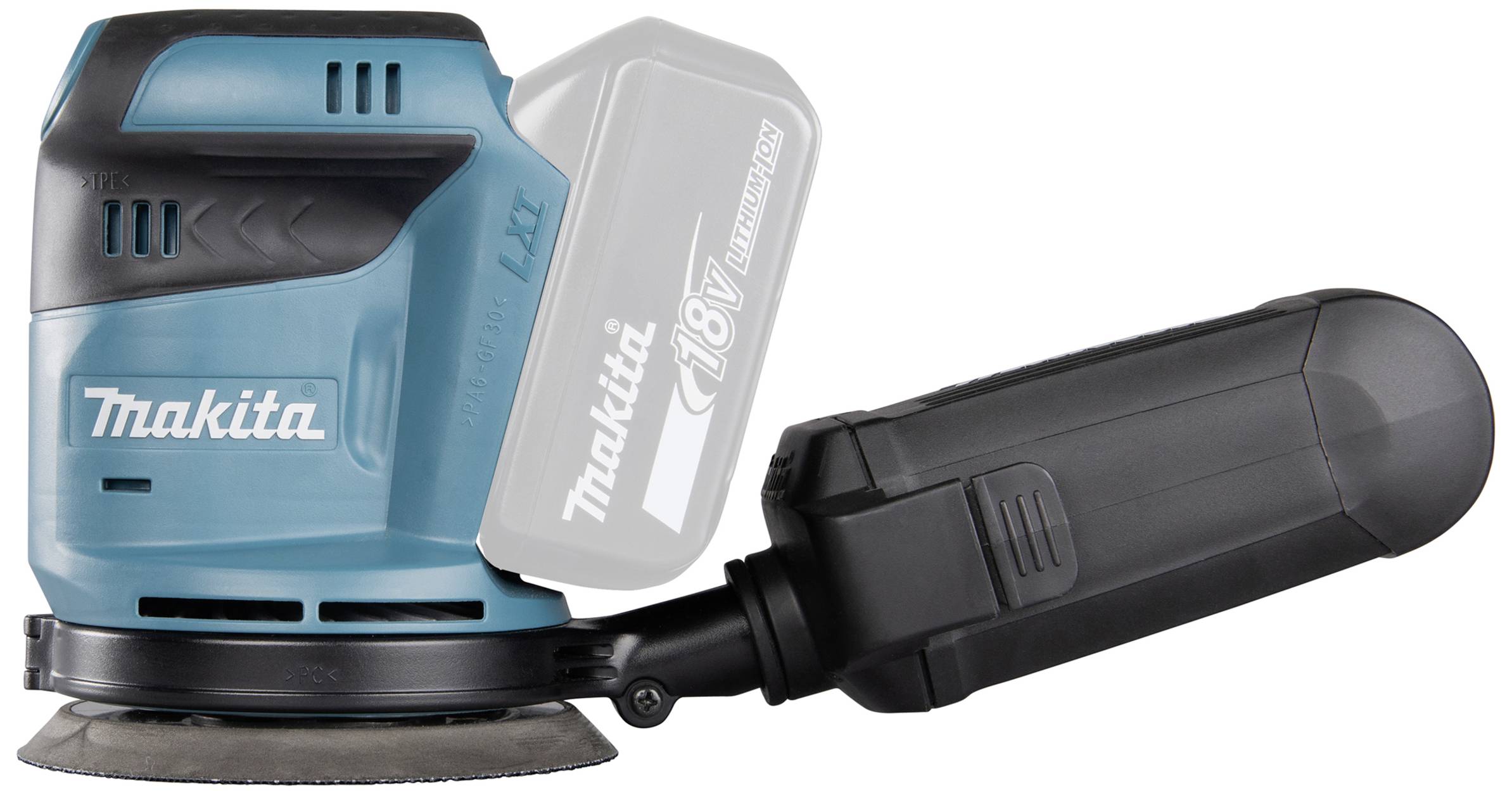 Battery-powered blue orbital sander with black handle, brand name visible on the side. Suitable for woodworking and metalworking.