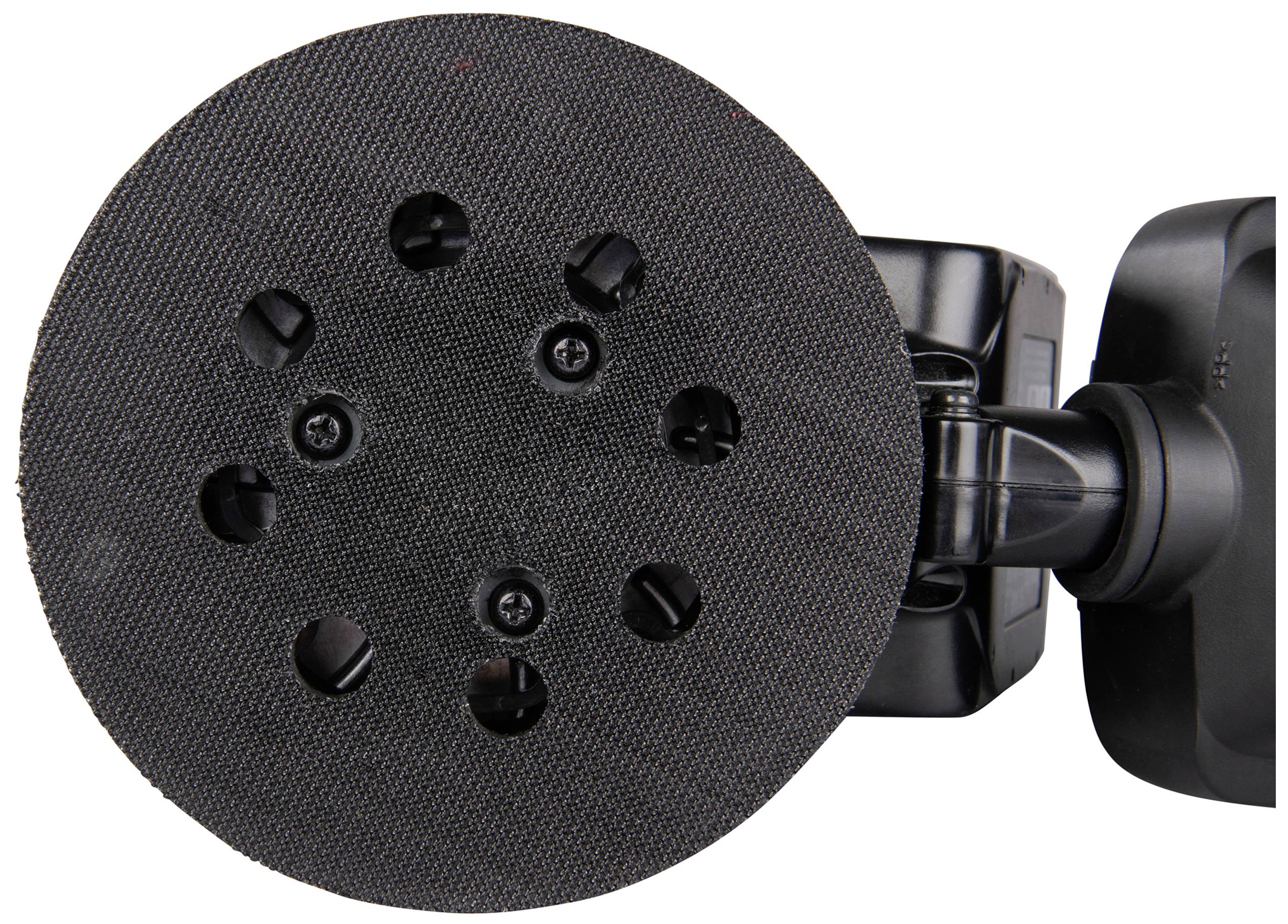 The sanding pad of an orbital sander, viewed from underneath with six mounting holes. Suitable for sanding paper.