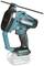 Cordless tool drill in blue with a black handle and battery compartment. Shown from the side with manufacturer's logo on the front.