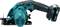 Cordless circular hand saw with a black handle and turquoise casing on a white background.