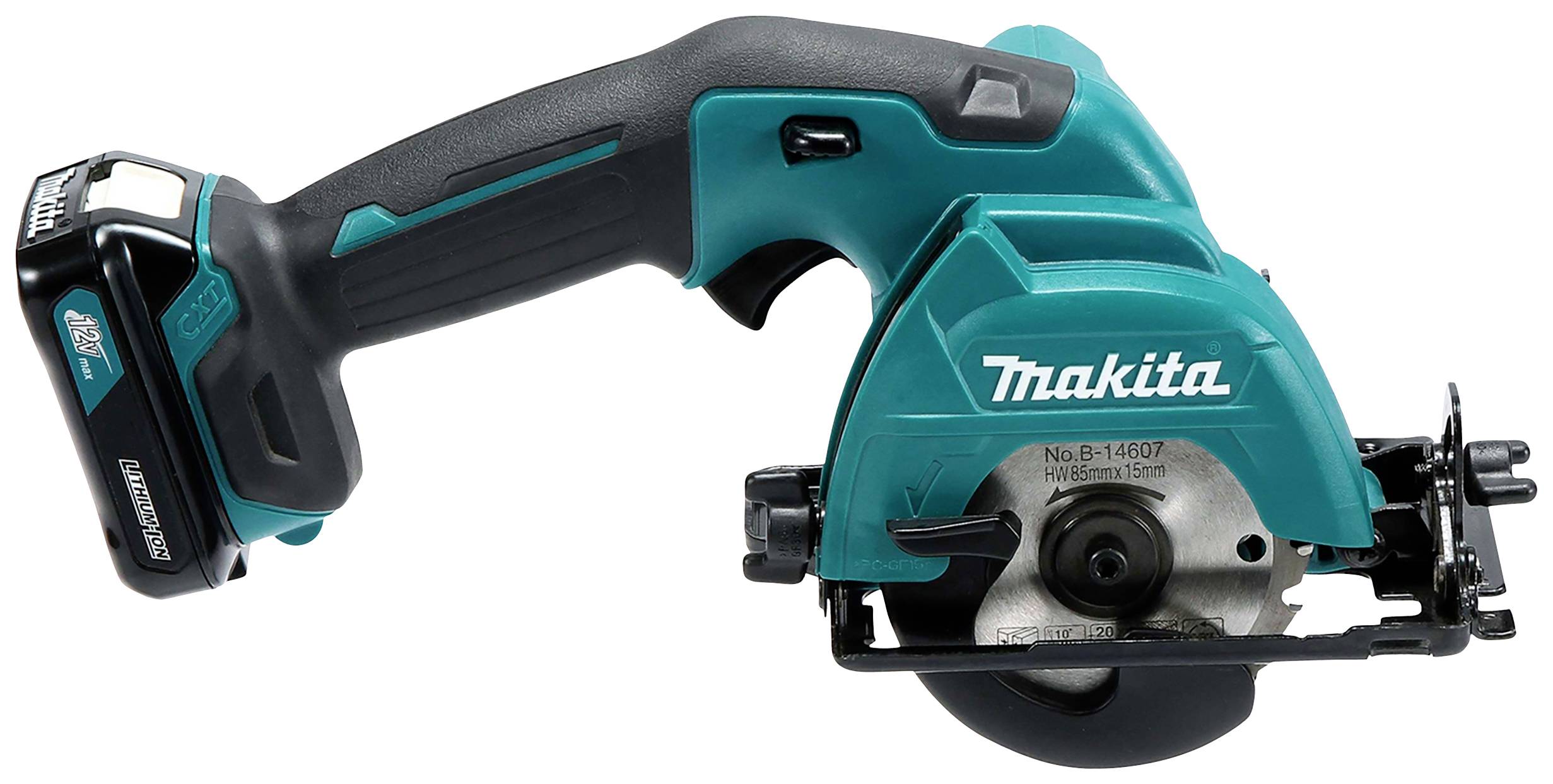 Battery-powered, compact circular saw with a blue-black casing and 'Makita' logo. Suitable for cutting wood and other materials.