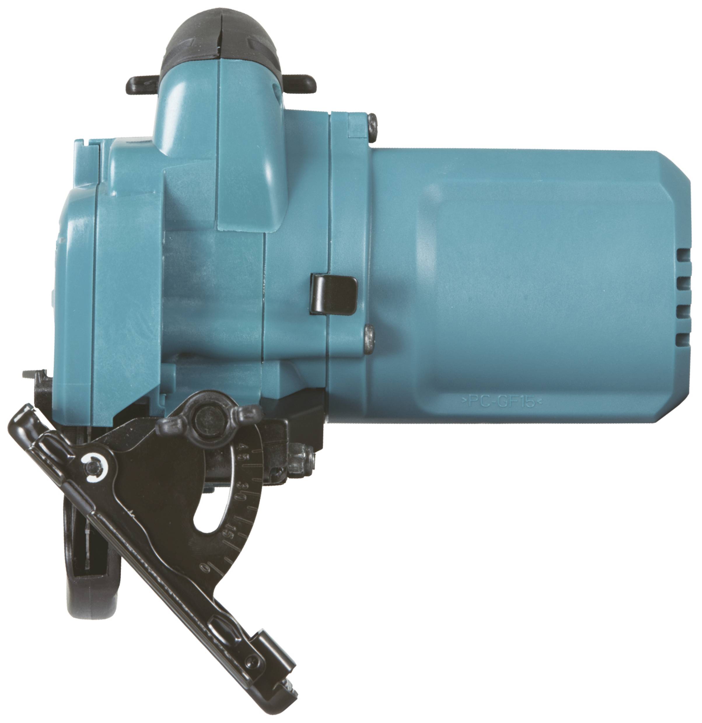 A blue electric drill is lying on its side. It has a black handle and a protective mechanism attached at the front.