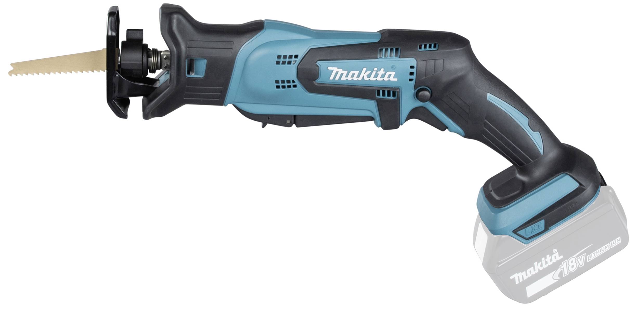 A blue and black cordless reciprocating saw by Makita. It features an ergonomic handle and a double-bevelled blade.
