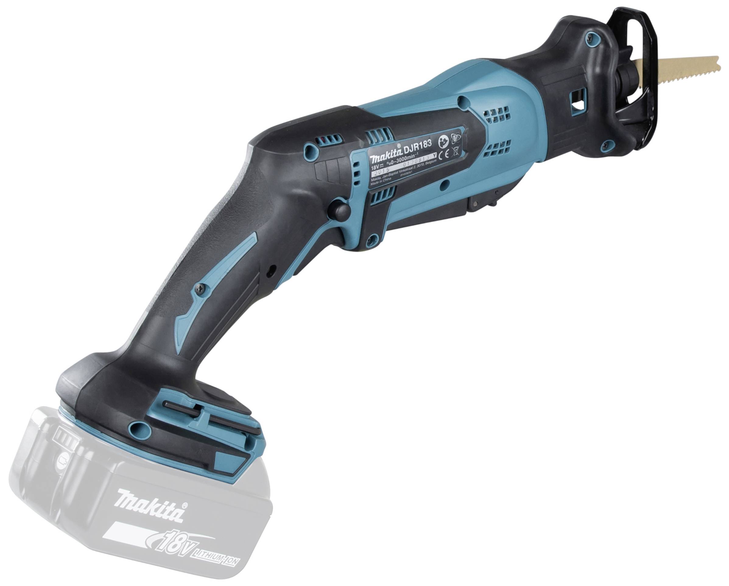 Cordless reciprocating saw in black and turquoise colour with a narrow saw blade, shown without an inserted battery.