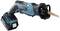 Cordless reciprocating saw in blue and black, with a long, serrated blade, suitable for woodcutting tasks.