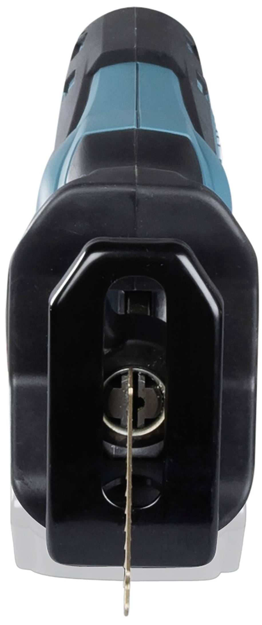 Electric jigsaw viewed from the front with a saw blade inserted. The device has a black housing area and turquoise elements.