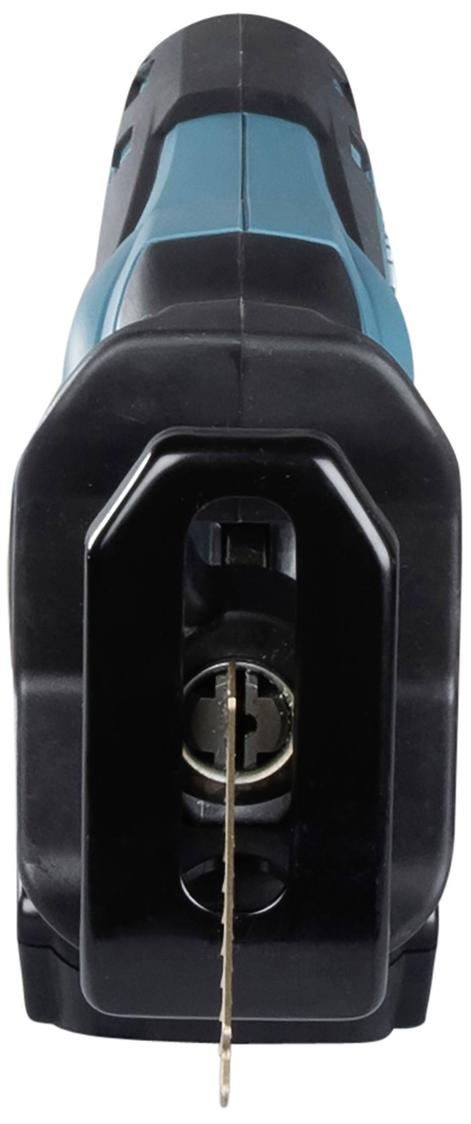 An electric jigsaw from the front, with a saw blade inserted, shows the tool ready for use.