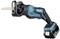 A blue and black cordless reciprocating saw with a saw blade, suitable for precise cuts in wood or metal.