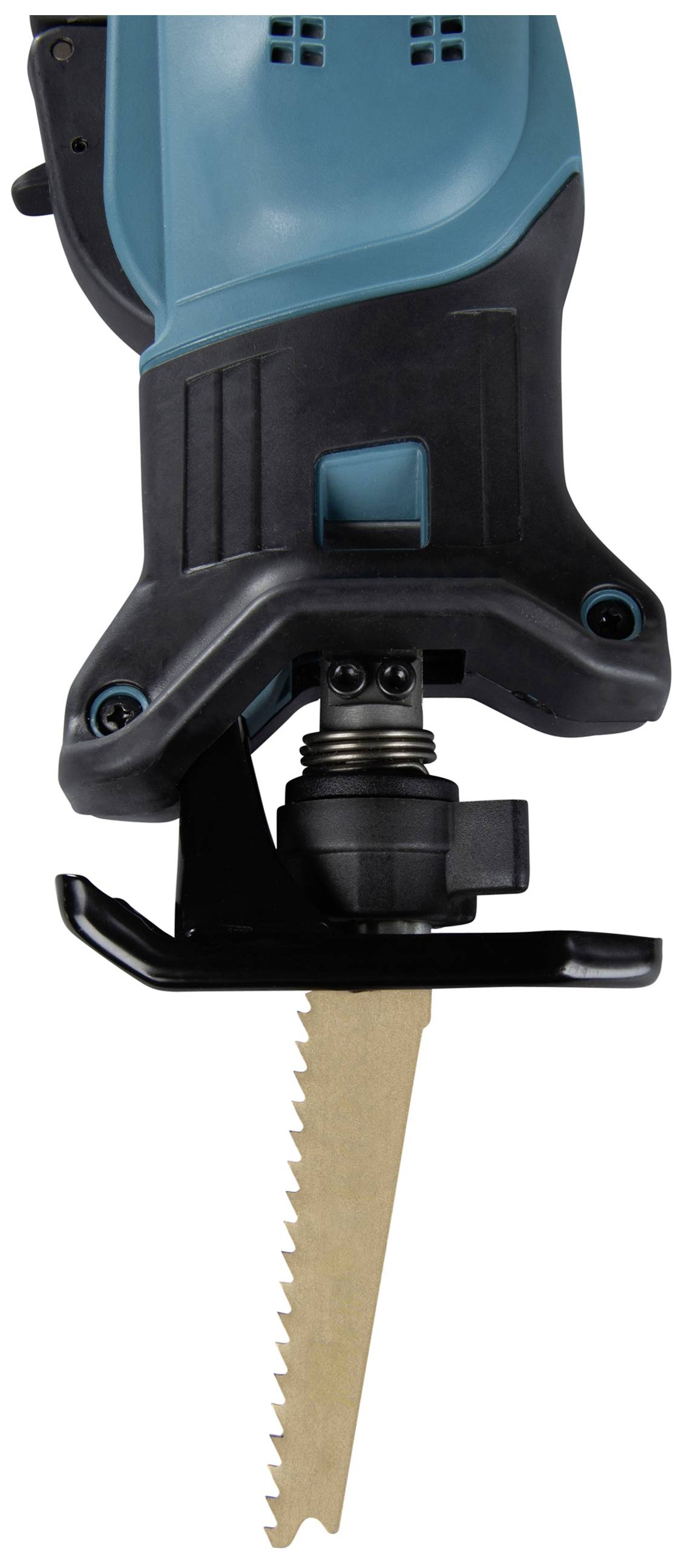 Electric jigsaw with a blue casing and golden blade, ready to cut materials.