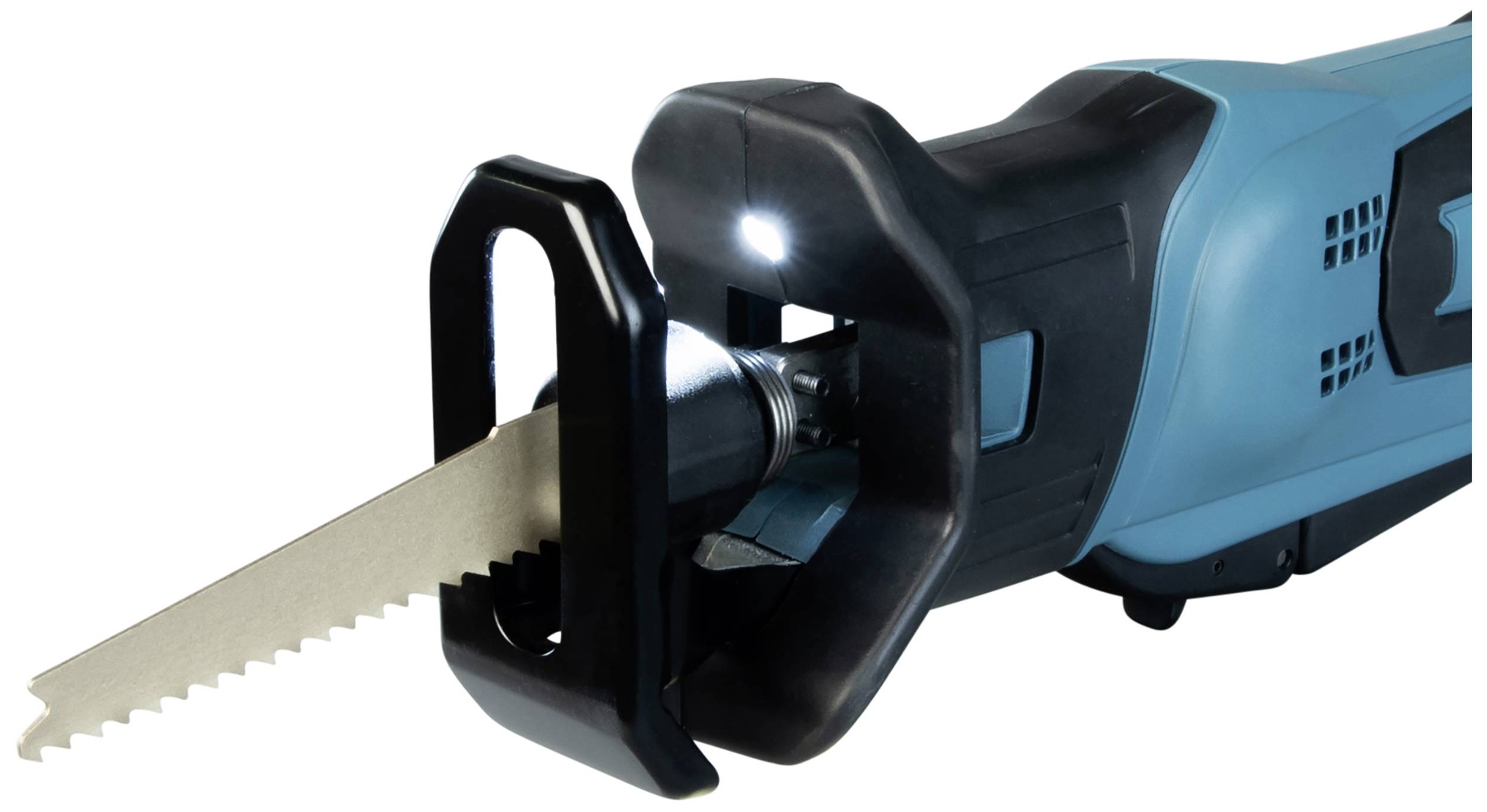 Electric reciprocating saw with a blue casing and inserted saw blade. Ideal for rough cuts in wood or metal.