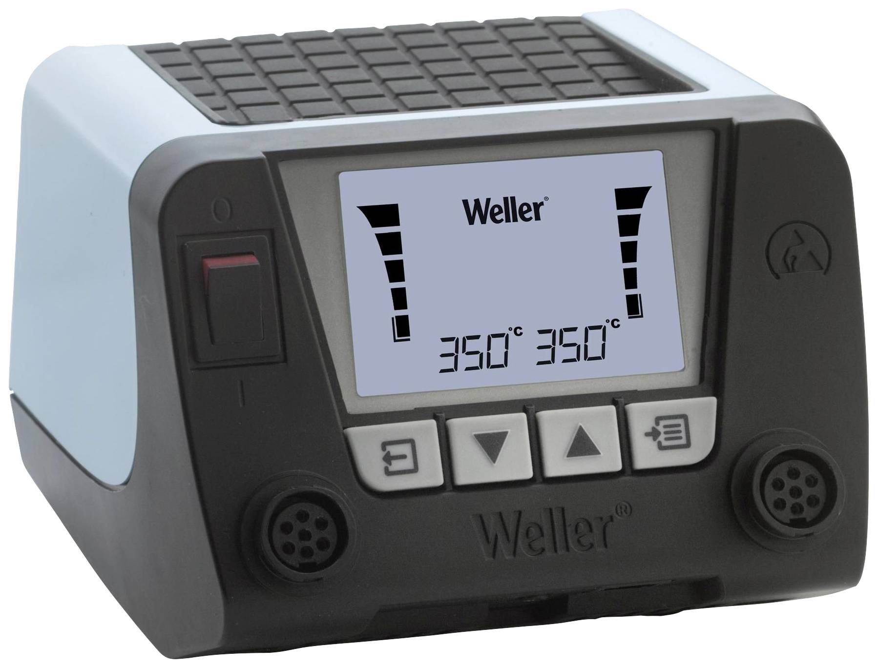 Soldering iron station with digital displays showing '350°C' on two sides. 'Weller' brand name on the display.