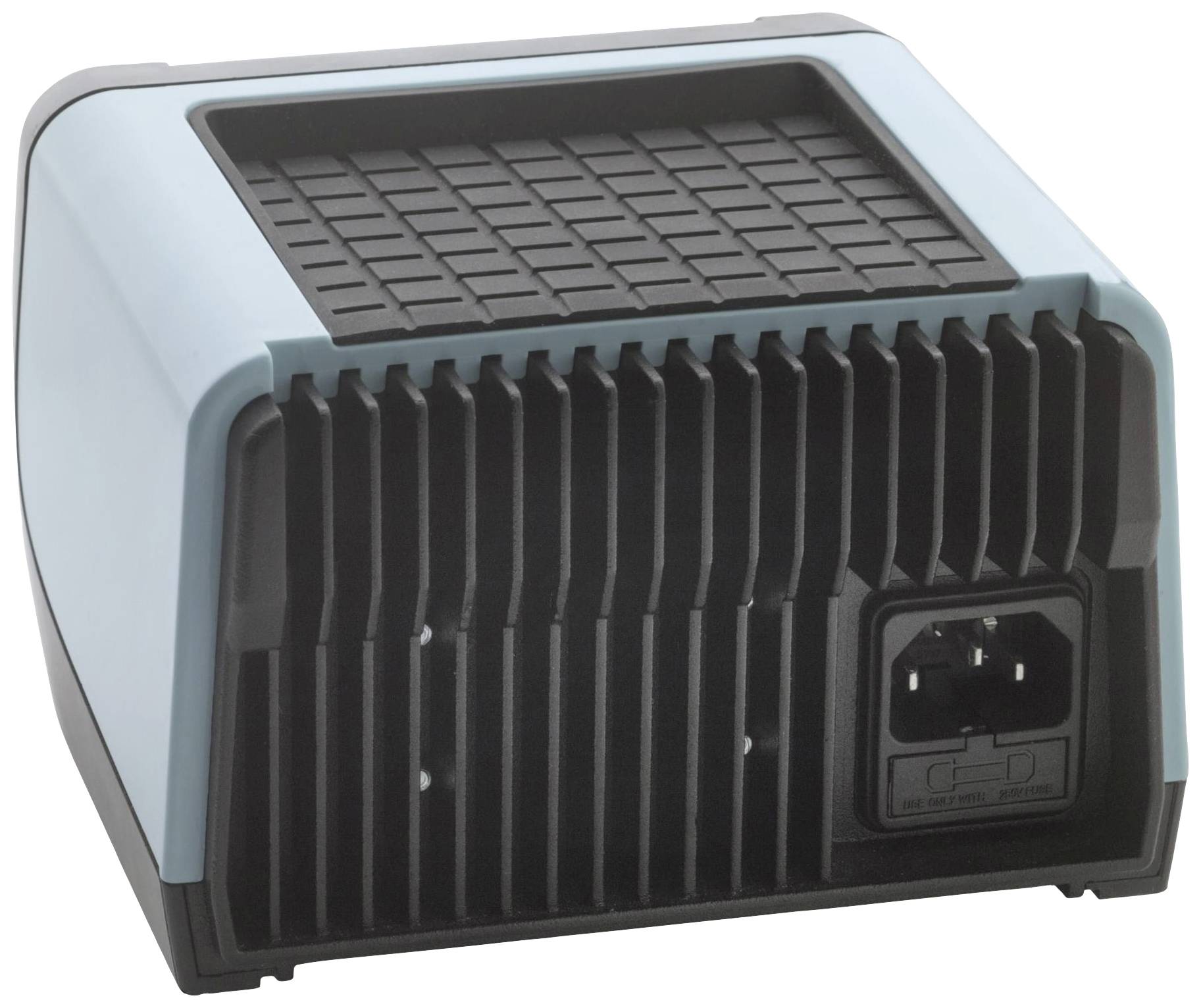 An electrical charging station with cooling fins and a connection plug at the rear. Predominantly black and blue in colouration.