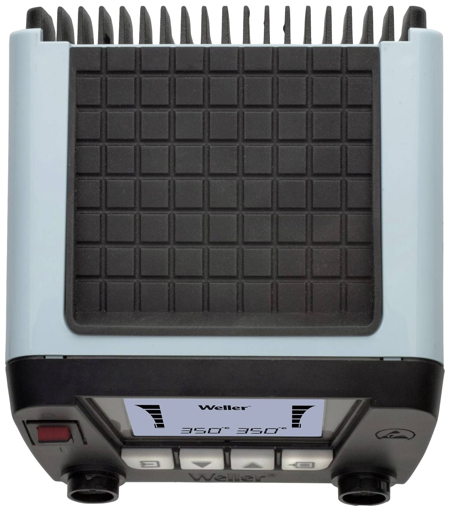 Weller soldering iron station with temperature display and control elements. Top surface with non-slip pattern.