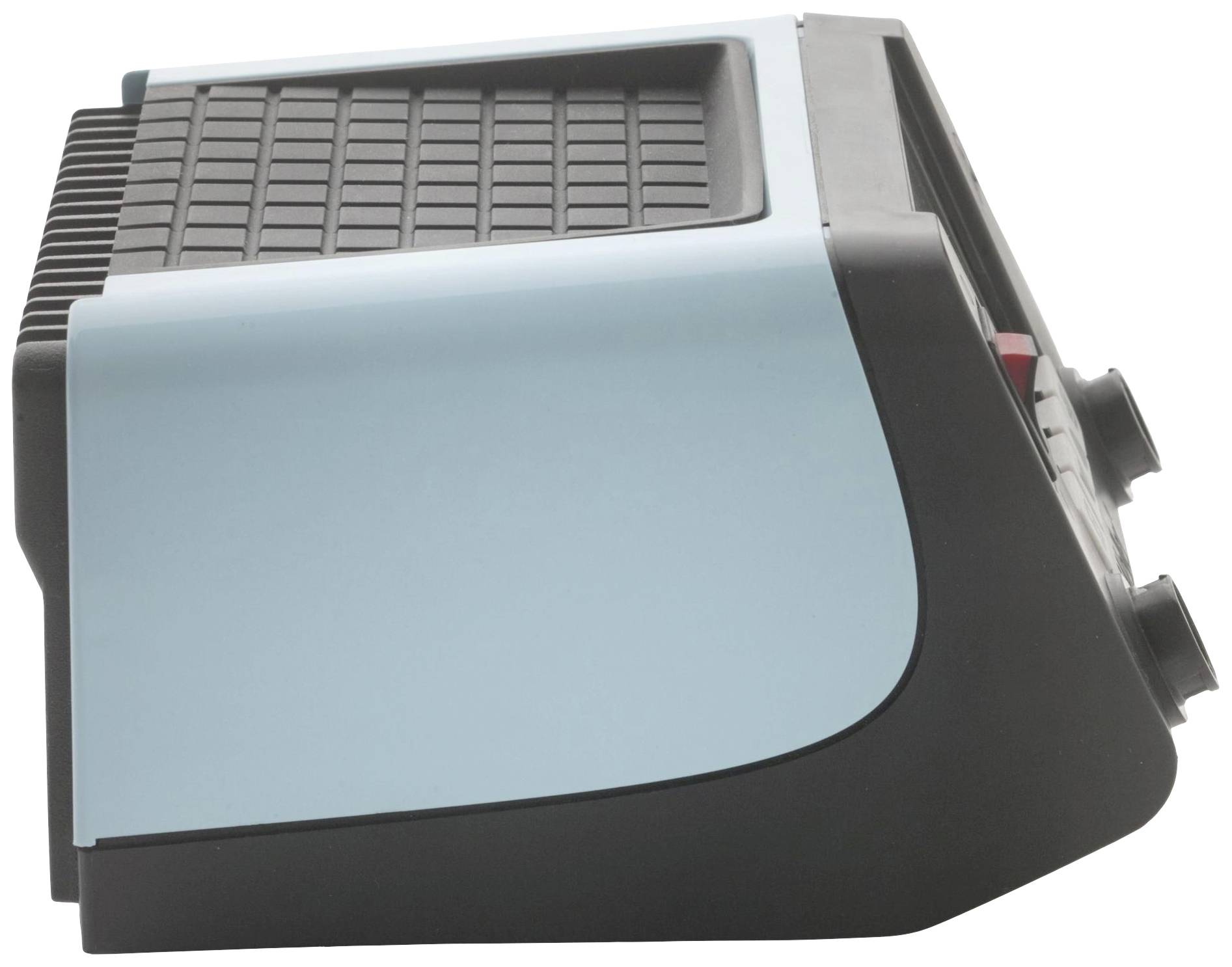 Side view of a blue fan with a black grille and two control buttons on the front.