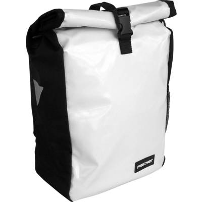 White and black waterproof bicycle pannier bag with roll-top closure and side reflective strip.