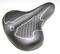 Black, padded bicycle saddle with white lines and perforated ventilation pattern. Ergonomic design for cycling comfort.