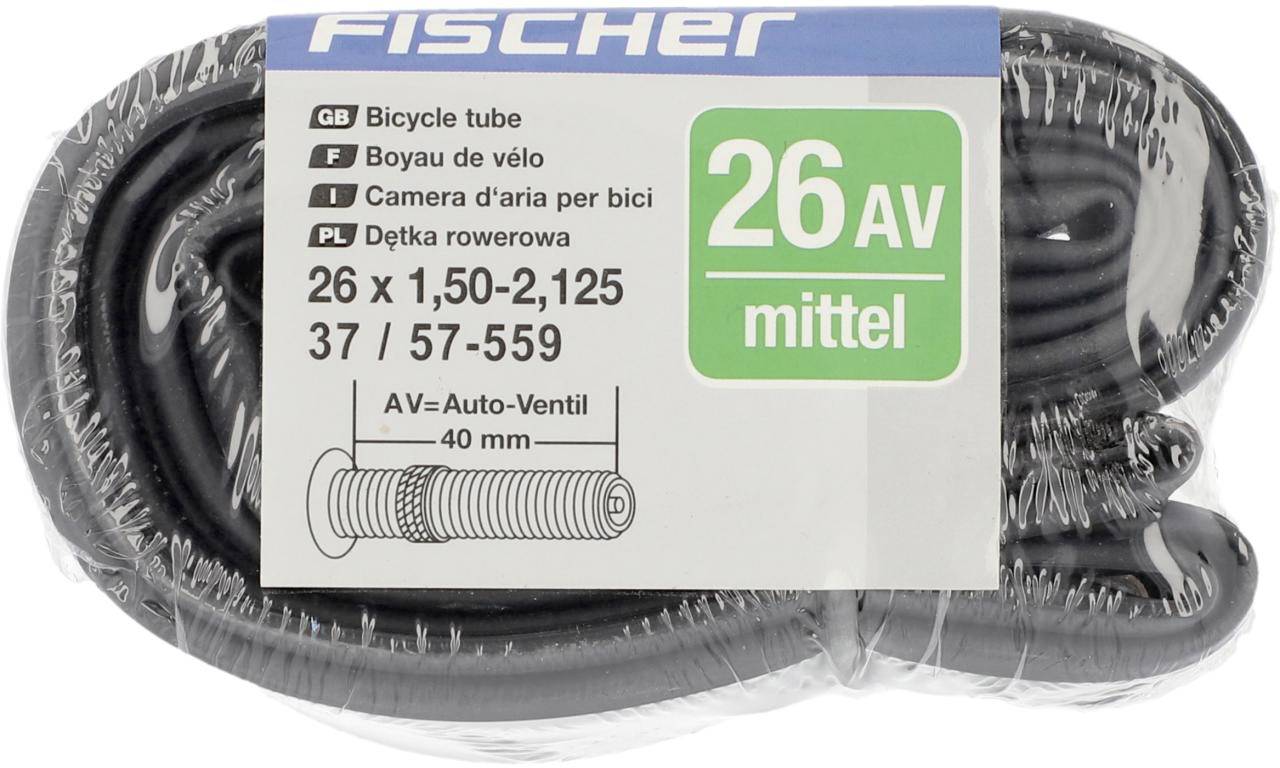 Bicycle inner tube by Fischer, size 26 x 1.50-2.125, with Schrader valve. Packaged in plastic with label in multiple languages.