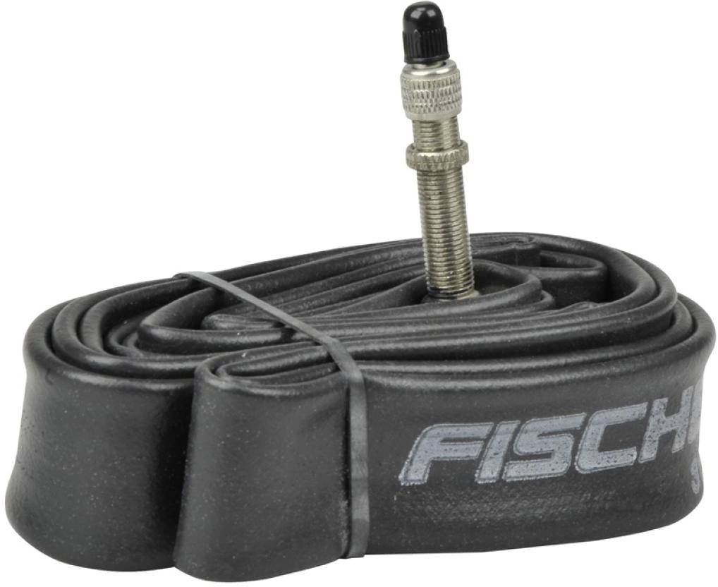 Rolled-up bicycle inner tube with valve, branded with the 'Fischer' marking.