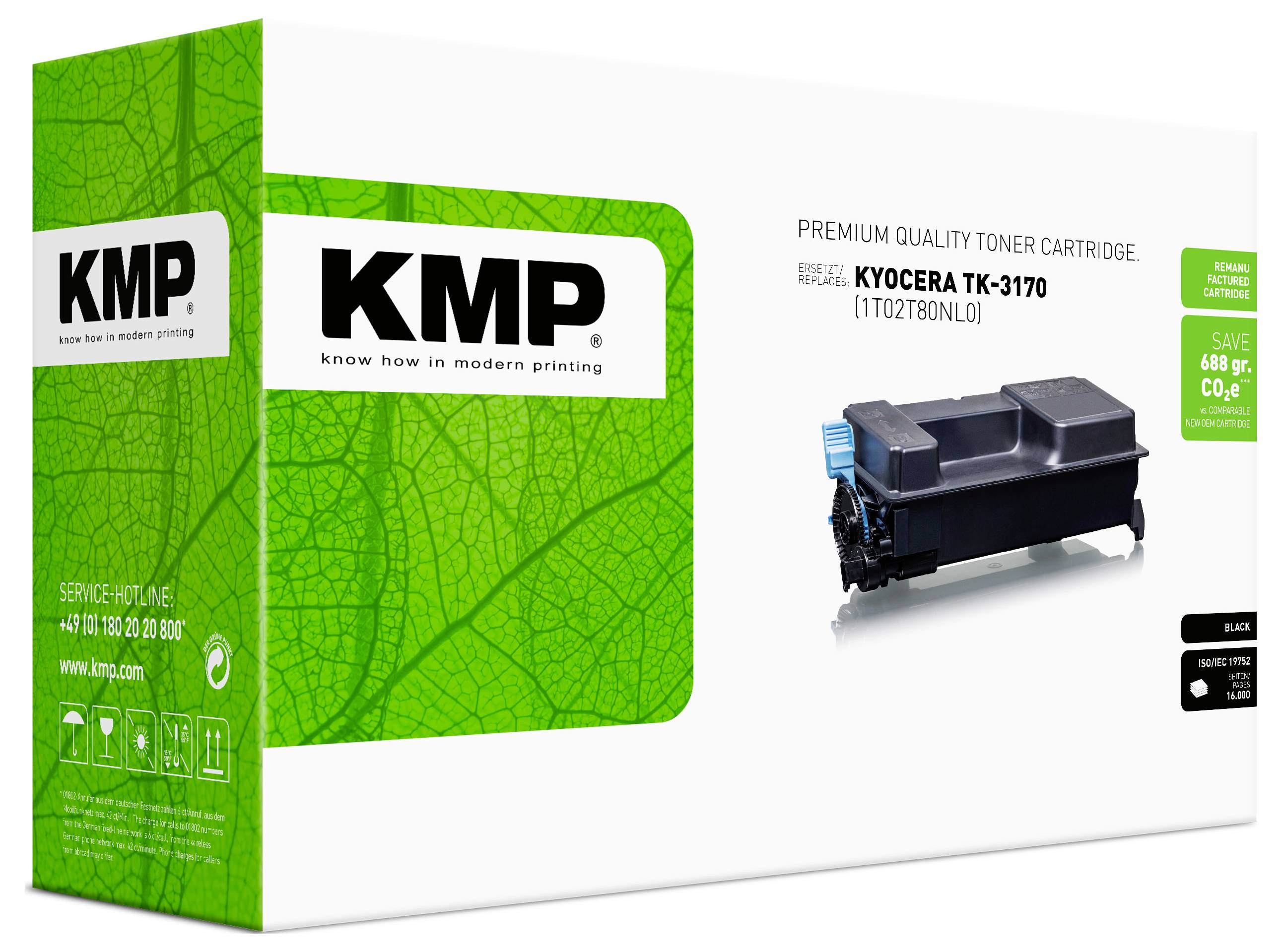 KMP premium quality toner cartridge box for Kyocera TK-3170, shown with a black cartridge and green packaging.