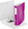 A pink Leitz folder is open on a white surface. It has a lever mechanism and is designed for organising documents.