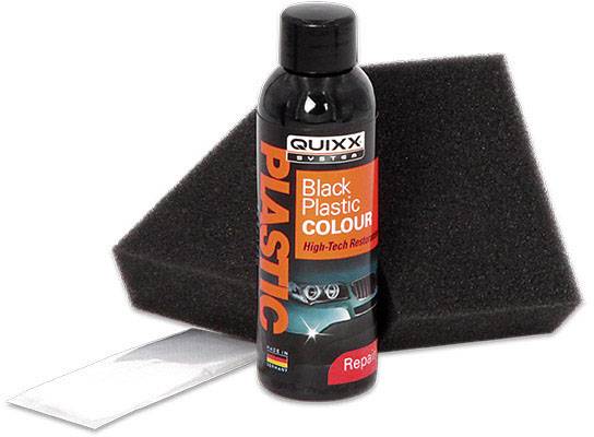 Bottle of 'Black Plastic Colour', foam applicator, and cloth. Product for repairing black plastic components in a vehicle.