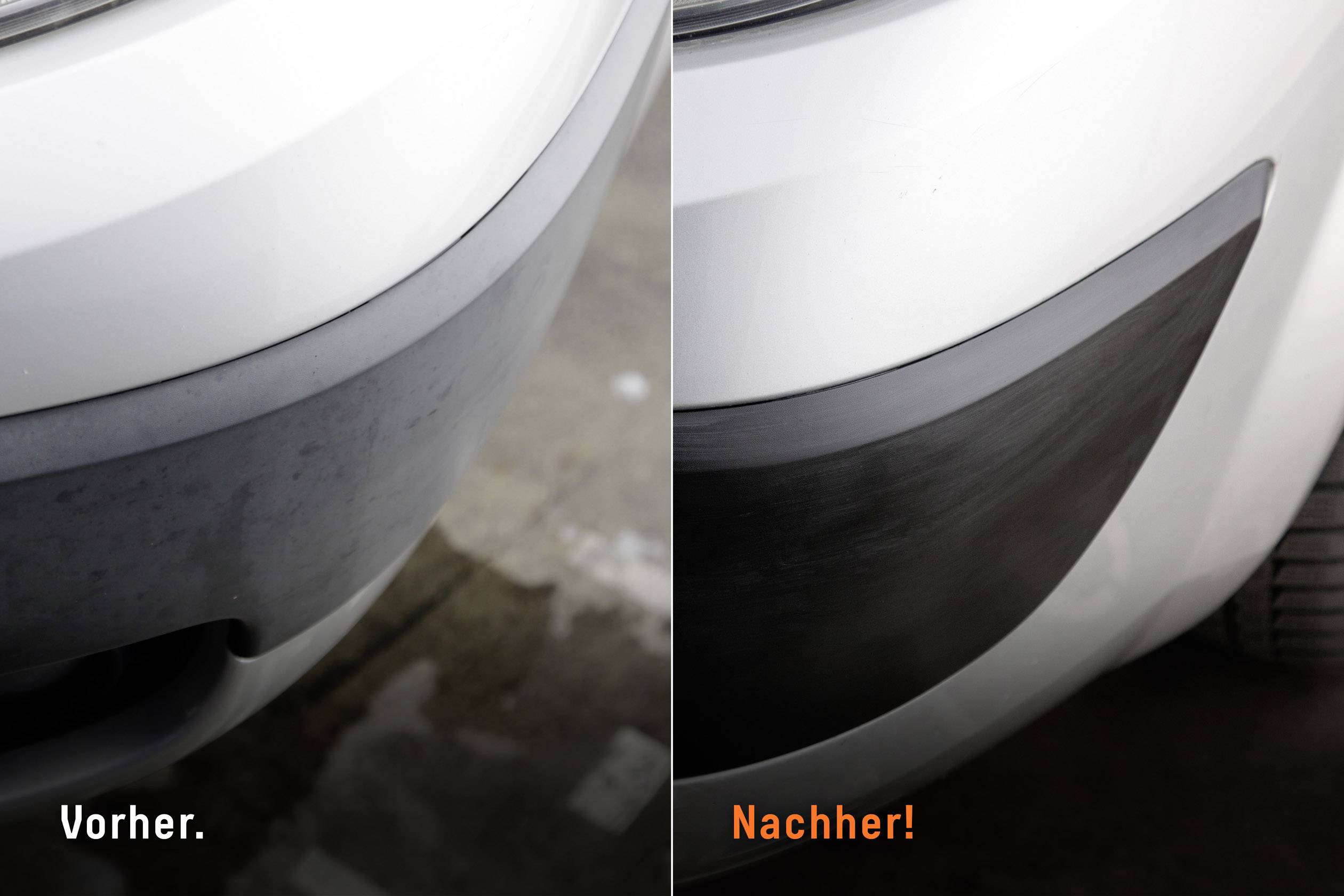 A bumper before and after restoration. Left: faded and worn; right: dark, glossy and as good as new.