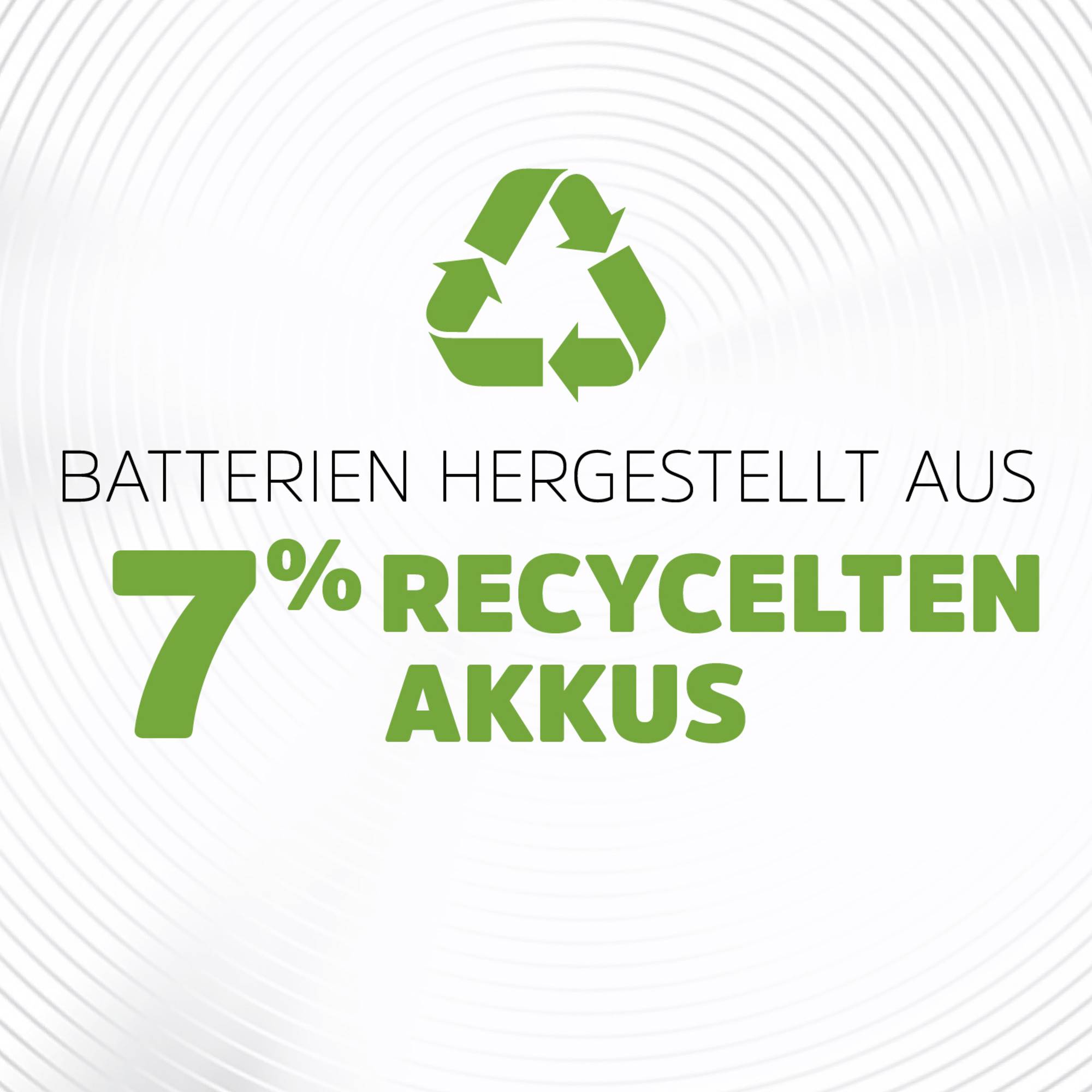 'Batteries manufactured from 7% recycled batteries' in green and black text beneath a recycling symbol.