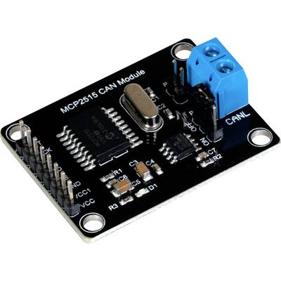 A MCP2515 CAN module, an electronic circuit with pins and a blue connector, mounted on a black circuit board.