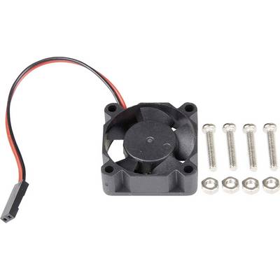 Small black computer fan with cable, alongside six silver screws and nuts on a white background.
