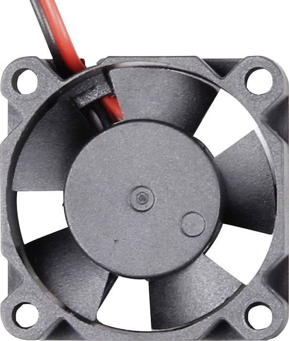Small black fan with six rotor blades and red cables, likely for cooling electronic devices.