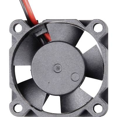 Small black fan with six rotor blades and red cables, likely for cooling electronic devices.