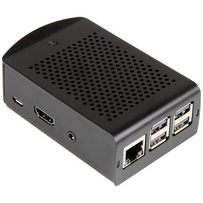 Black, rectangular electronic enclosure with ventilation holes. Features USB, HDMI, and Ethernet ports on the side.