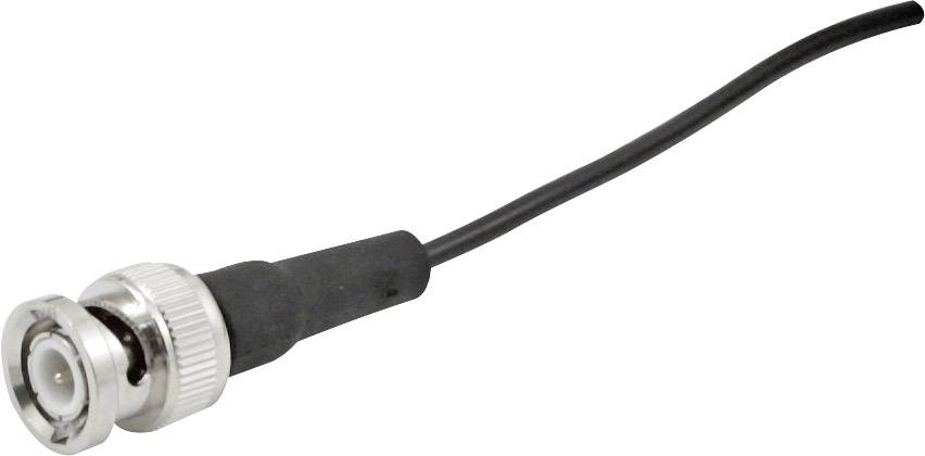 A BNC cable with a silver connector and black cable, typically used for video and radio frequency connections.