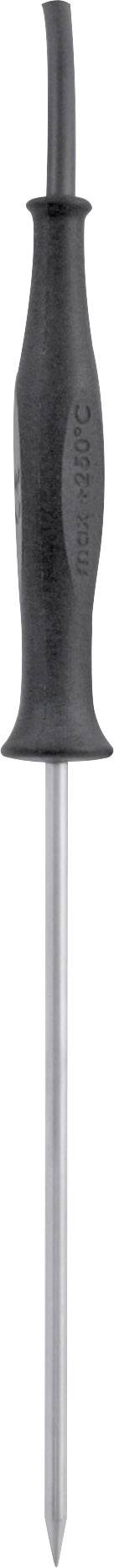 Black ice pick with curved handle and sharp metal blade; used for cutting or breaking ice.