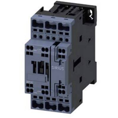 An electrical contactor in grey with a black housing. Inscription 'SIRIUS'. Device with multiple connections on the top and bottom surfaces.