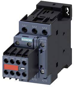 A black and blue Siemens electrical contactor with multiple connection terminals and a green logo in the centre.
