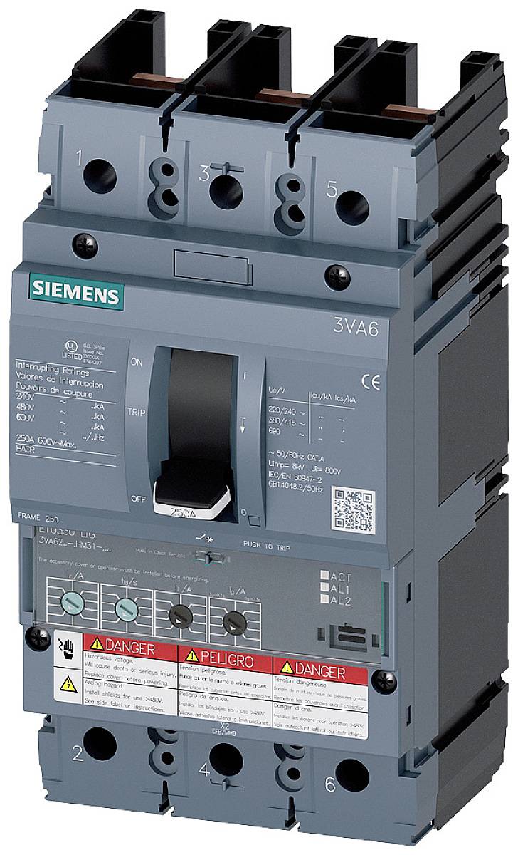 A Siemens circuit breaker model 3VA6 with three poles. Descriptions and warnings are visible on the front.