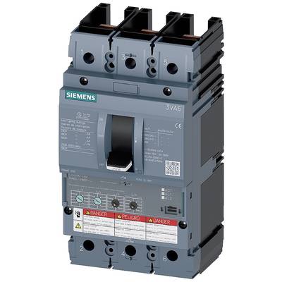 A Siemens circuit breaker model 3VA6 with three poles. Descriptions and warnings are visible on the front.