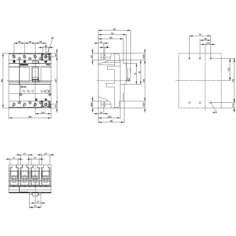Technical drawing of an electrical switch with multiple views and detailed dimensions in millimetres.