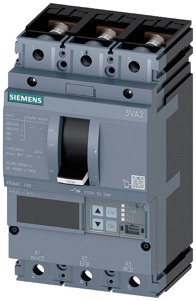 'A Siemens circuit breaker, model 3VA2, for controlling electrical circuits, with various connection and functional components.'