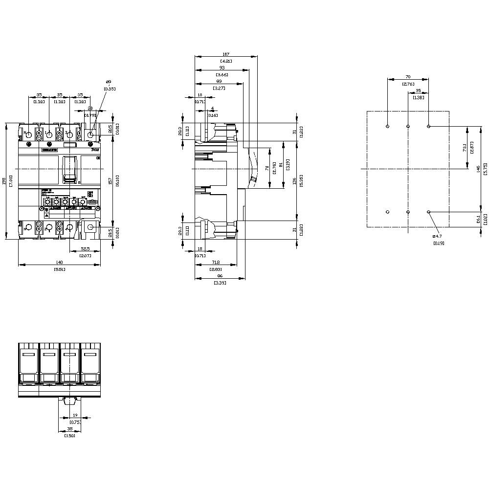 Technical drawing of an electrical switchgear with front and side view, details of dimensions, drill holes, and connection positions.