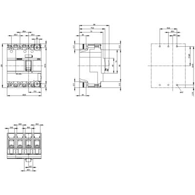 Technical drawing of a switching device with dimensions and views from front, side, and top. Detailed specifications shown.