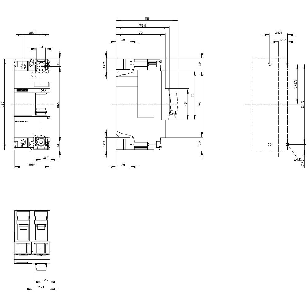 Technical drawing of an electrical component with multiple views and detailed dimensions. Key dimensions and structural elements are highlighted.