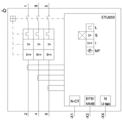 'Diagram shows the electrical circuit diagram of a protective relay ETU850. On the left are three switches, on the right the ETU module with labels.'