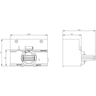 Technical drawing of a device with dimensions. Front view shows 104.6 mm width, 75 mm height. Side view shows 51.7 mm depth.