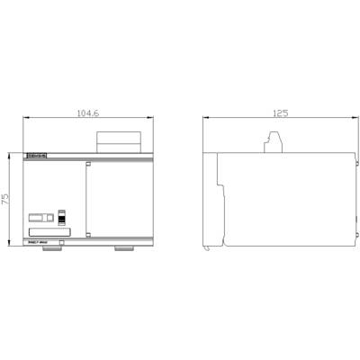Technical drawing of a machine with dimensions 104.6 length, 75 height and 125 width, showing front and side view.