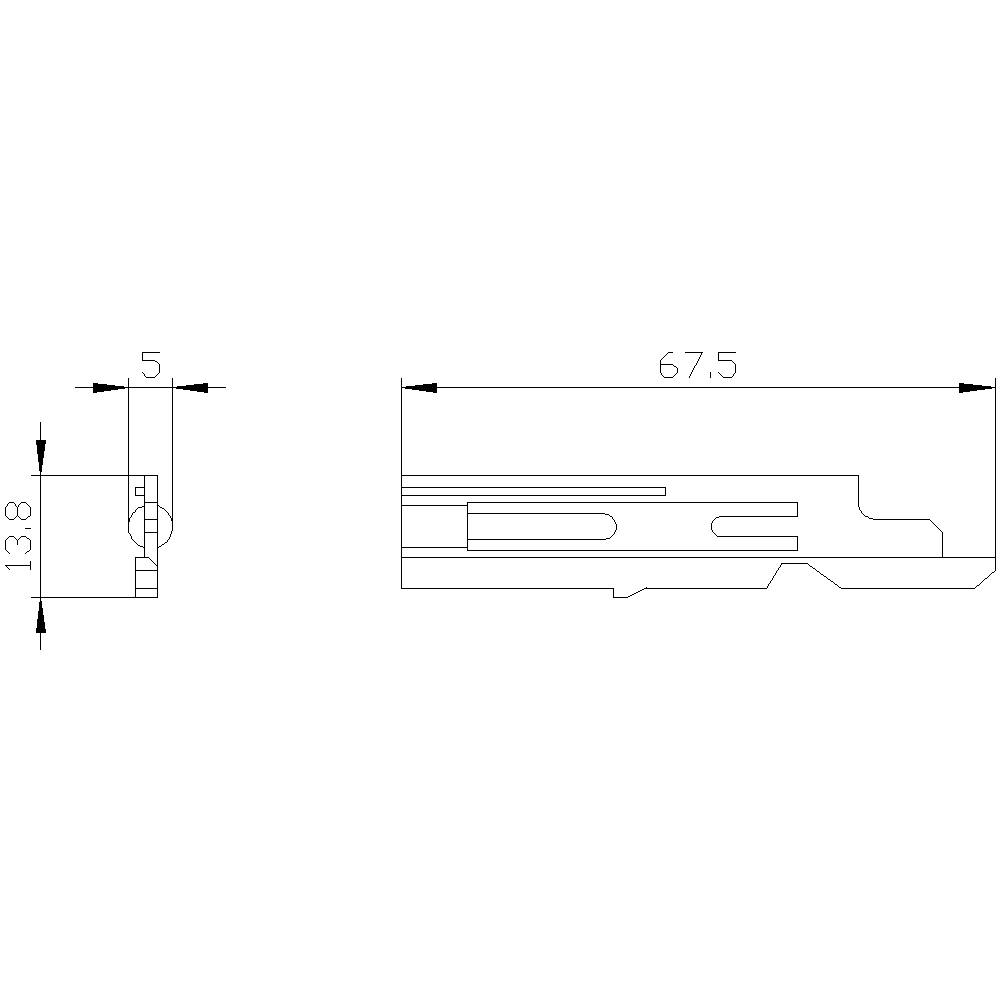 Technical drawing of a profile with dimensions: 67.5 mm length, 13.8 mm height, 5 mm width; shows specific interfaces and shapes.