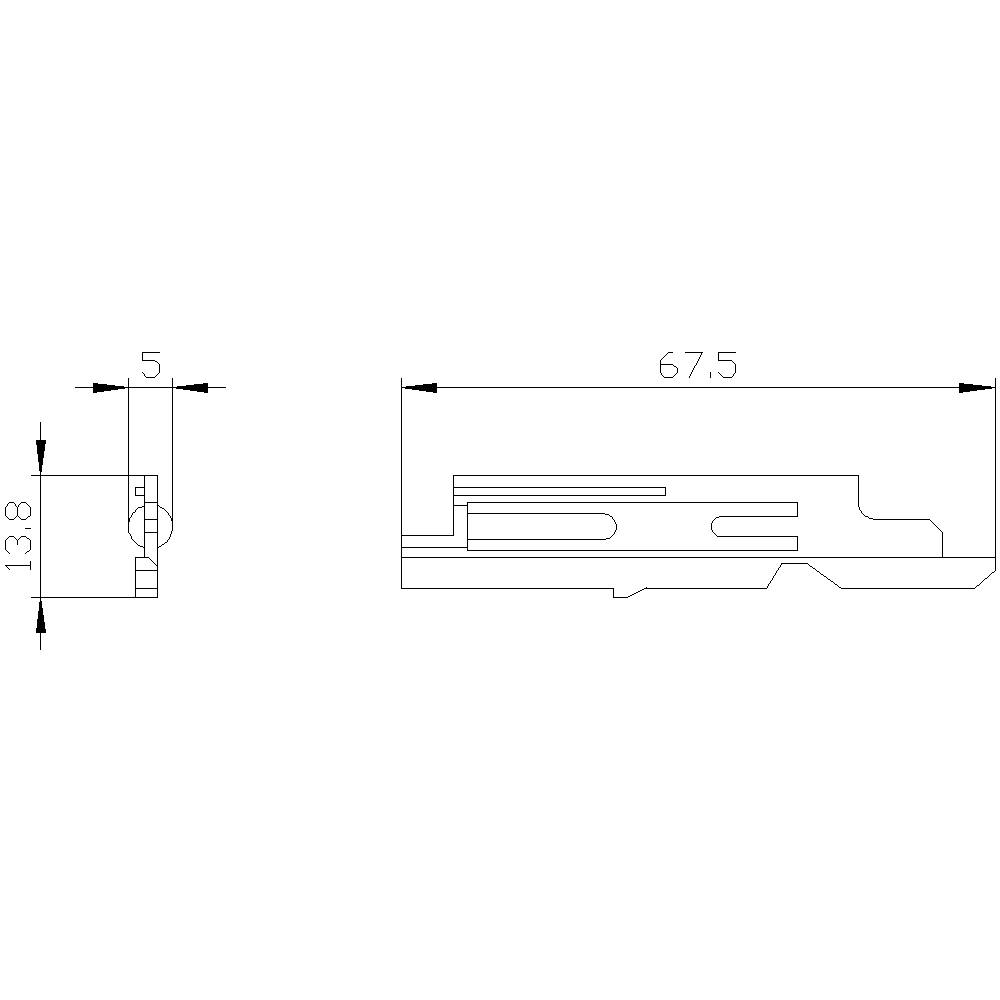 Technical drawing of a component with side and front view; dimensions: 67.5 mm length, 13.8 mm height, 5 mm width.