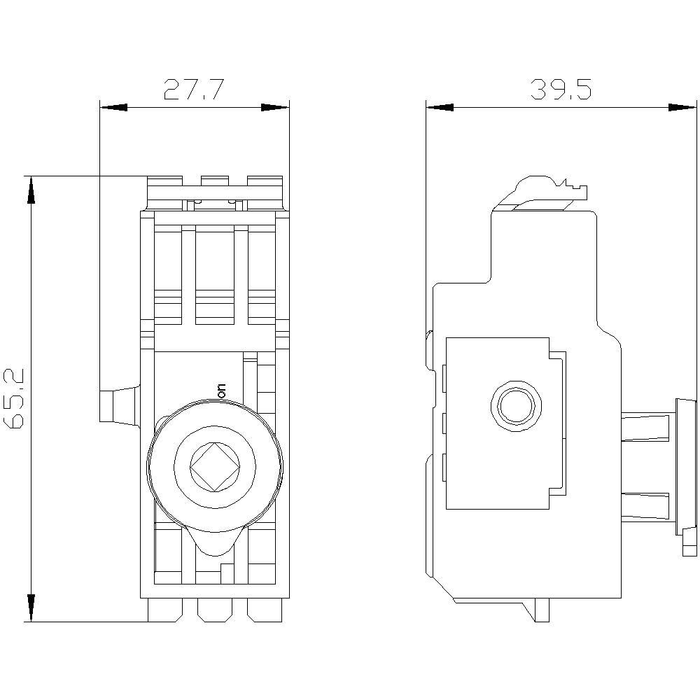 Technical drawing of a component with dimensions: 65.2 mm high, 27.7 mm wide, 39.5 mm deep. Side and front view.