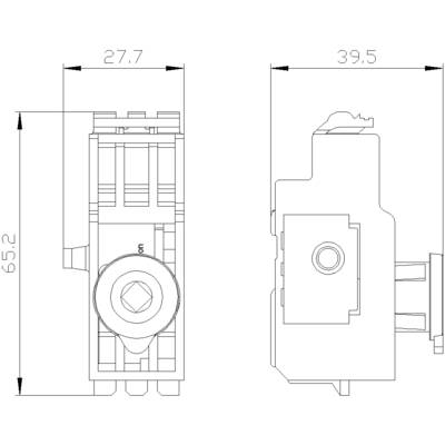 Technical drawing of a component with dimensions: 65.2 mm high, 27.7 mm wide, 39.5 mm deep. Side and front view.